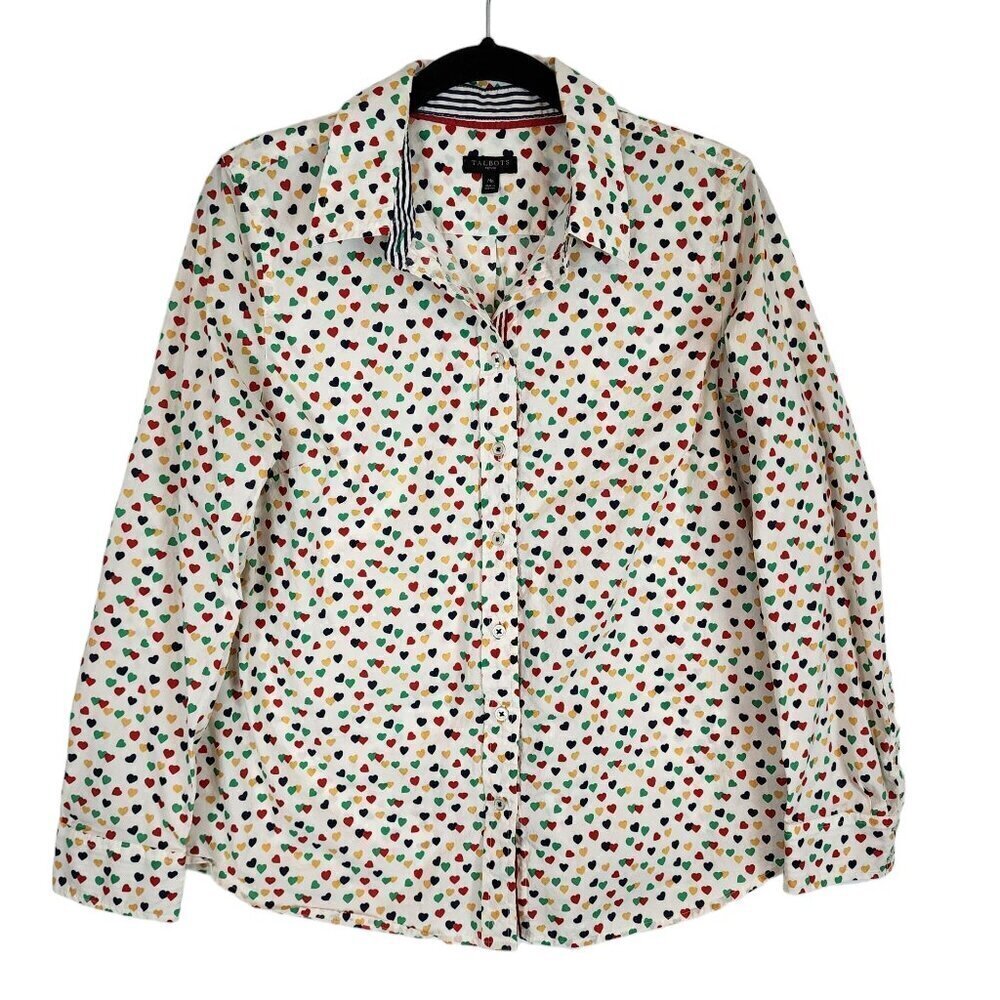 Talbots Multi Color Heart Print Collared Button F… - image 2